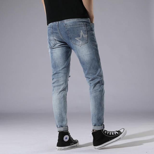 Ljusblått Hål Jeans Herrdag Slim Stitching Patch Street Stretch Byxor