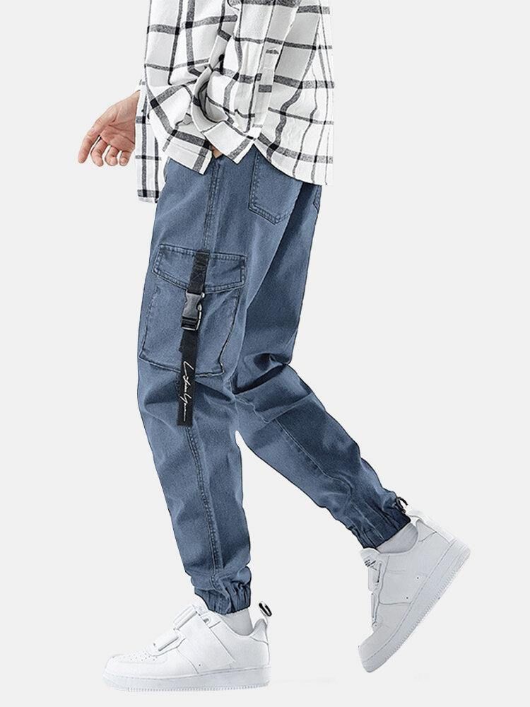 Mäns Multi-Pocket Casual Elastiska Manschetter Dragsko Beam Feet Byxor Jeans