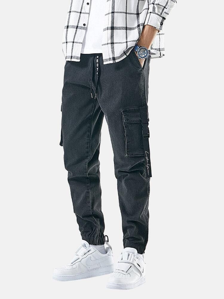 Mäns Multi-Pocket Casual Elastiska Manschetter Dragsko Beam Feet Byxor Jeans