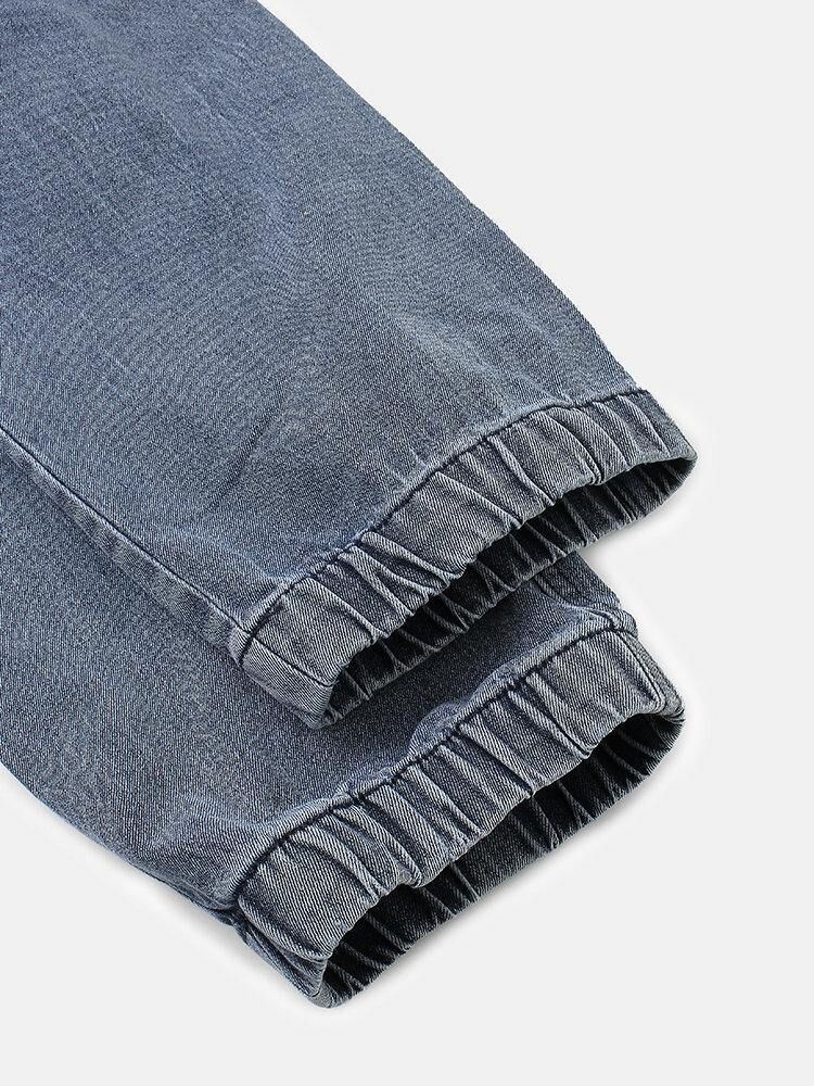 Mäns Multi-Pocket Casual Elastiska Manschetter Dragsko Beam Feet Byxor Jeans