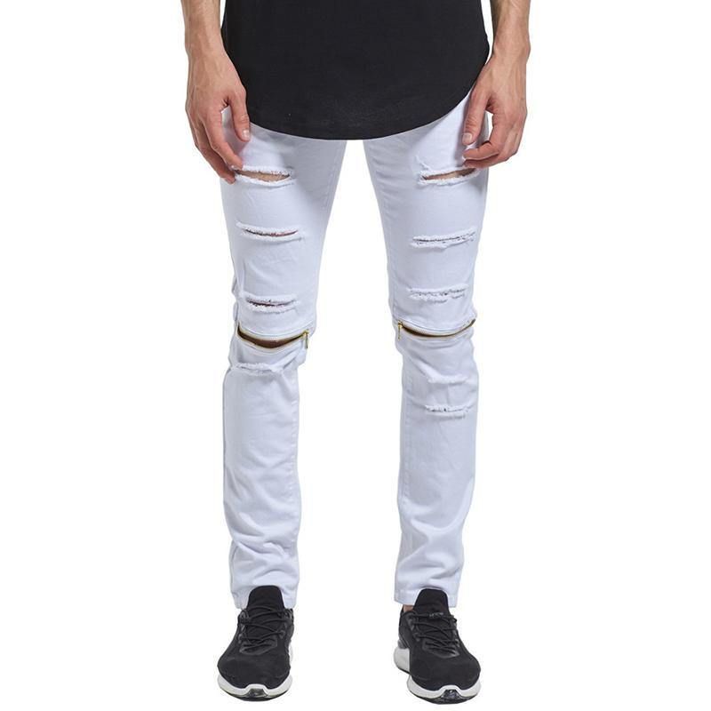 Skinny Hip Hop Ripped Knee Zipper Jeans