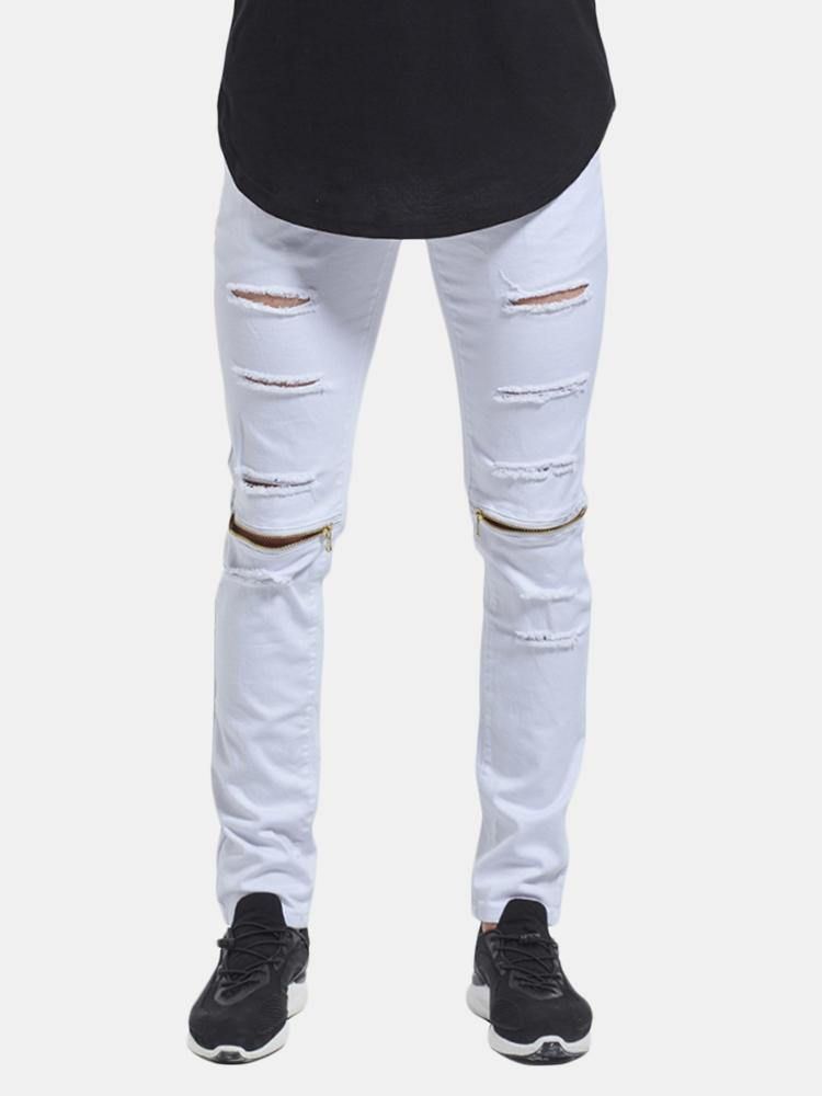 Skinny Hip Hop Ripped Knee Zipper Jeans