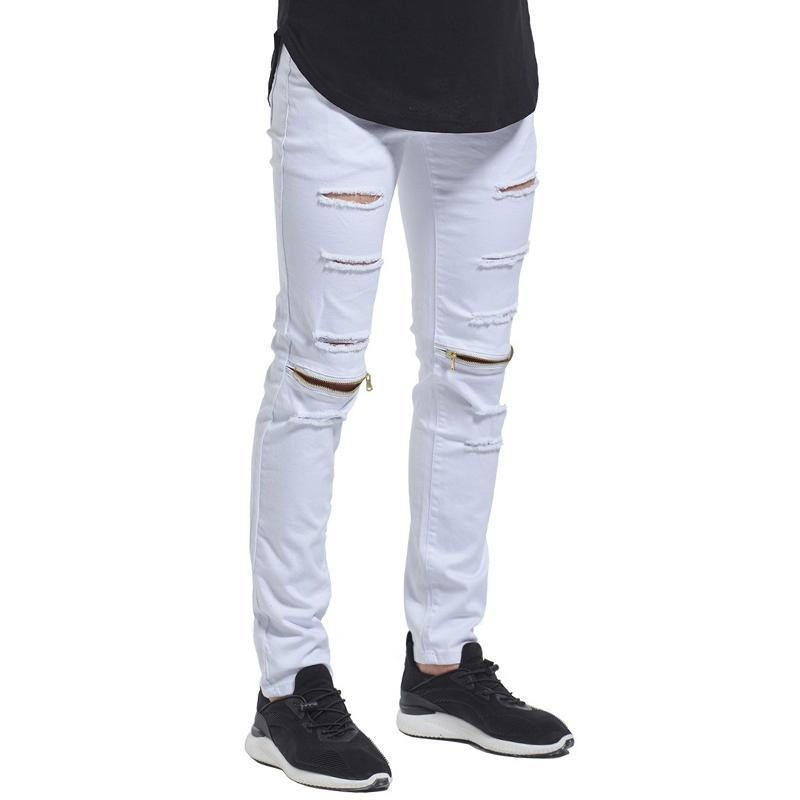 Skinny Hip Hop Ripped Knee Zipper Jeans