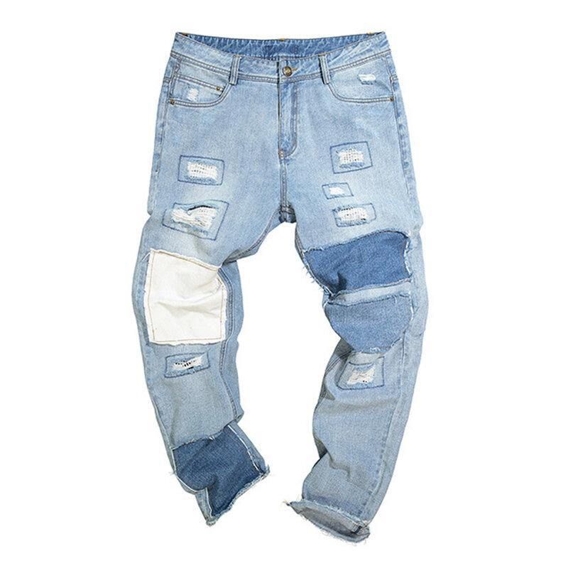 Snygga Patchwork Hip-Hop Blå Tvättade Designerjeans