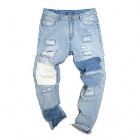 Snygga Patchwork Hip-Hop Blå Tvättade Designerjeans