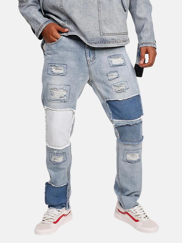 Snygga Patchwork Hip-Hop Blå Tvättade Designerjeans