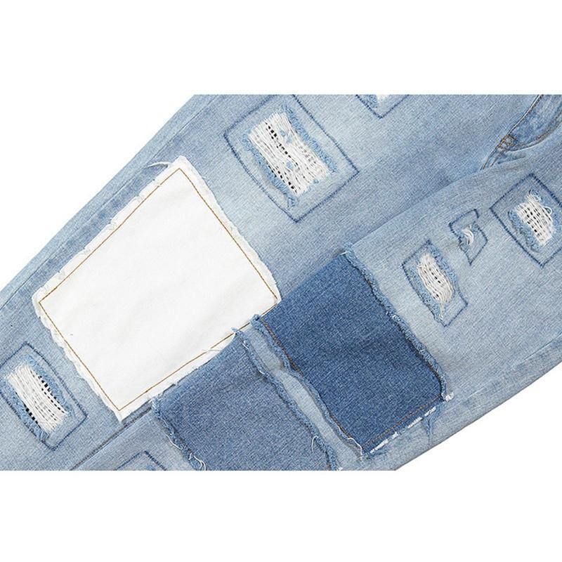 Snygga Patchwork Hip-Hop Blå Tvättade Designerjeans