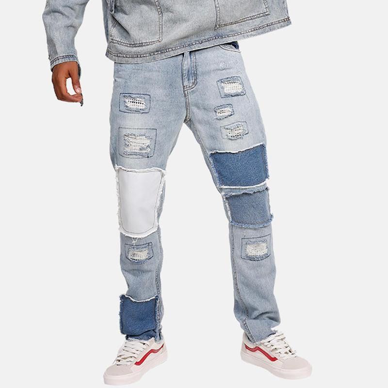 Snygga Patchwork Hip-Hop Blå Tvättade Designerjeans