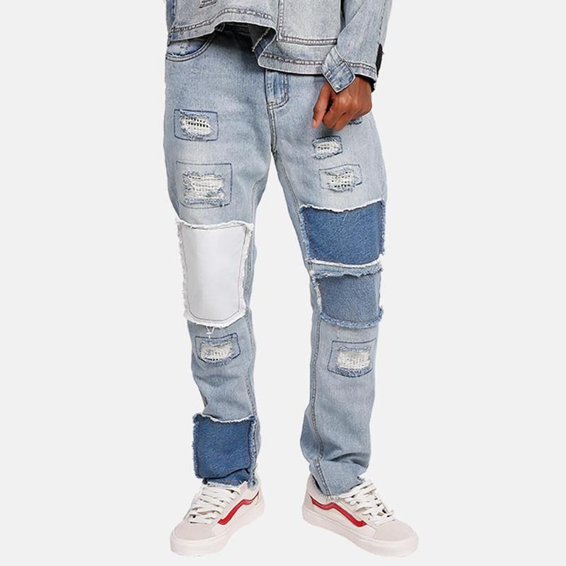 Snygga Patchwork Hip-Hop Blå Tvättade Designerjeans