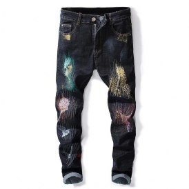 Utskrift Hip-Hop Design Färgglada Hål Jeans