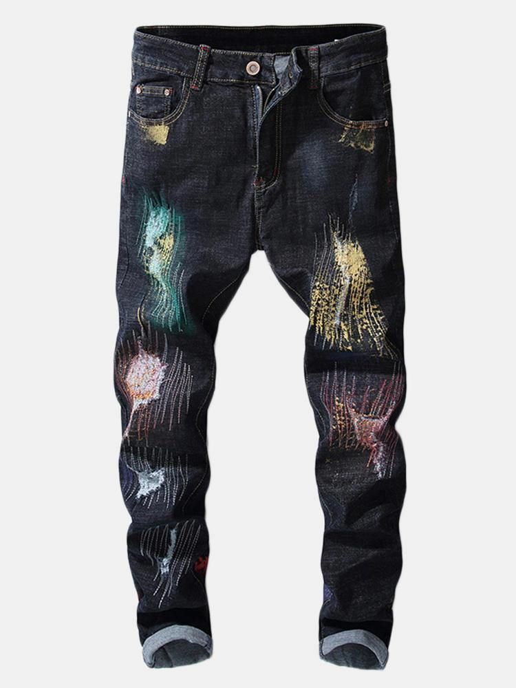 Utskrift Hip-Hop Design Färgglada Hål Jeans