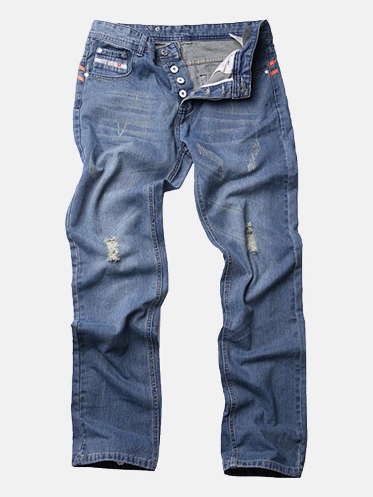 Vintage Hål För Män Ljusblå Raka Jeans Med Smal Knapp