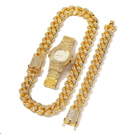 1 3 St Lyxiga Inlagda Strass Män Watch Set Hip Hop Chain Halsband Armband