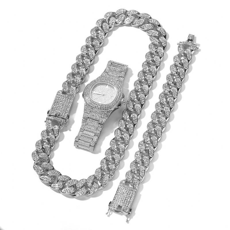 1 3 St Lyxiga Inlagda Strass Män Watch Set Hip Hop Chain Halsband Armband