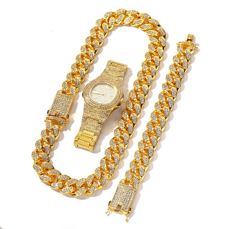 1 3 St Lyxiga Inlagda Strass Män Watch Set Hip Hop Chain Halsband Armband