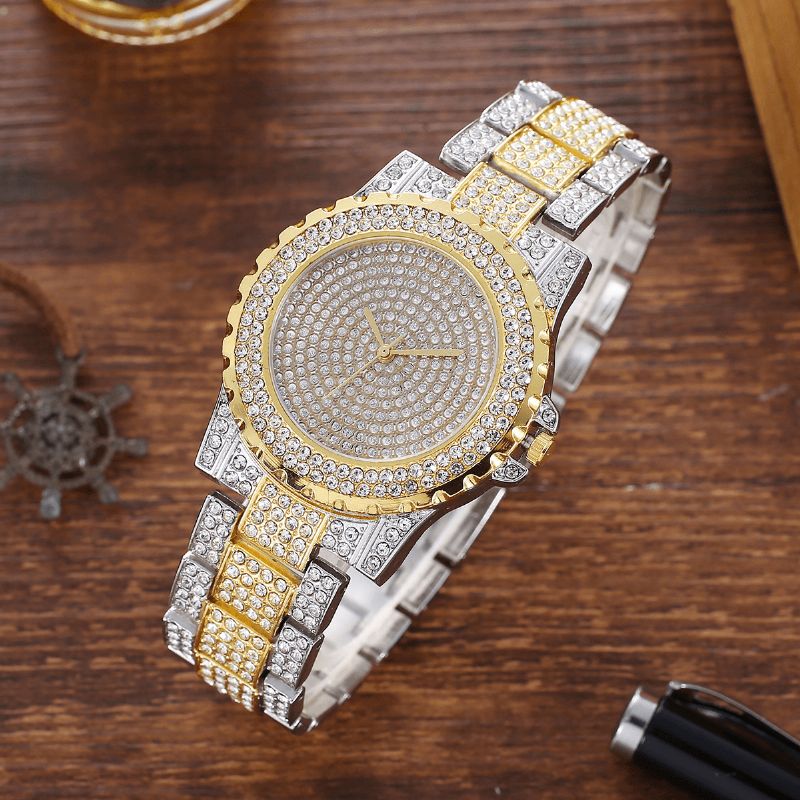 2St Mode Luxury Full Diamond Steel Band Kvartsur Punk Rhinestone Armband Set