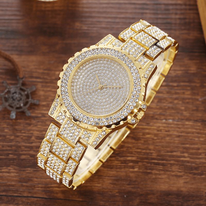 2St Mode Luxury Full Diamond Steel Band Kvartsur Punk Rhinestone Armband Set