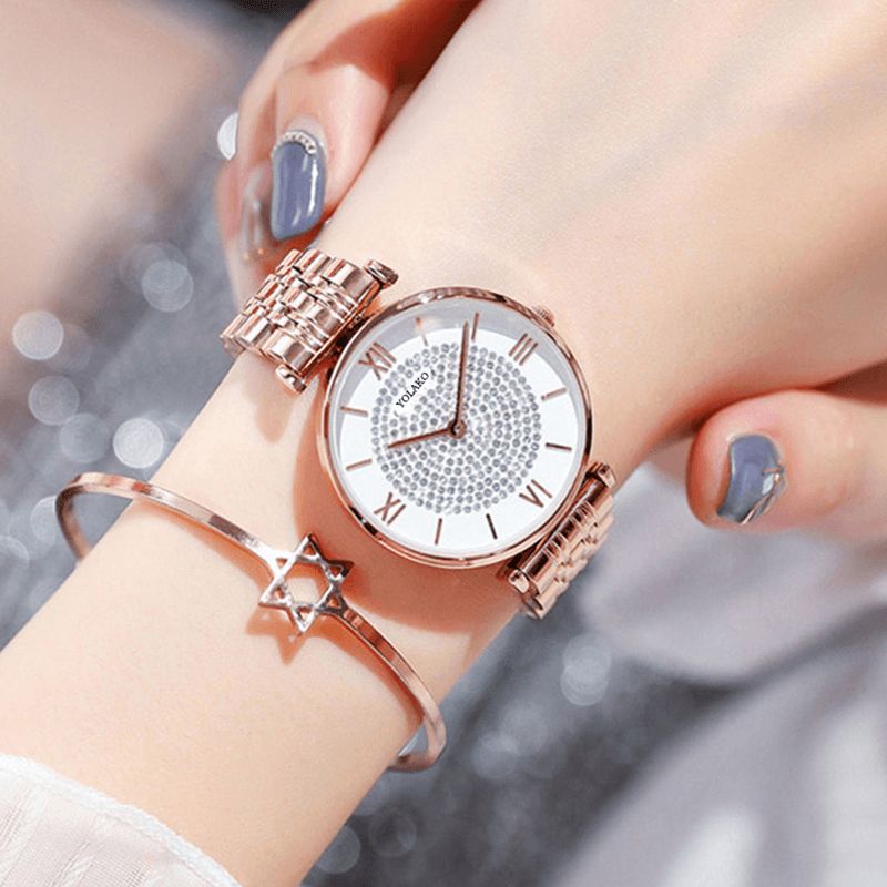 A0566 Trendiga Eleganta Damklockor Hellegerade Romerska Siffror Rhinestones Mount Dial Quartz Klockor