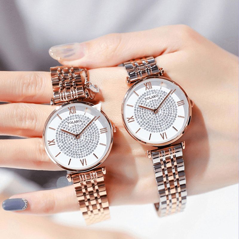 A0566 Trendiga Eleganta Damklockor Hellegerade Romerska Siffror Rhinestones Mount Dial Quartz Klockor