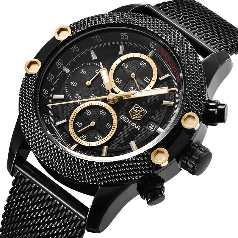 Benyar 5109M Mode Herrklocka Chronograph 3Atm Vattentät Rostfritt Stålarmband Kvartsur