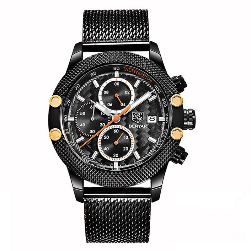 Benyar 5109M Mode Herrklocka Chronograph 3Atm Vattentät Rostfritt Stålarmband Kvartsur