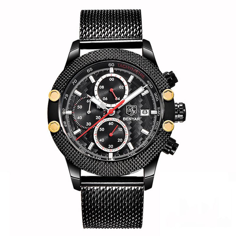 Benyar 5109M Mode Herrklocka Chronograph 3Atm Vattentät Rostfritt Stålarmband Kvartsur