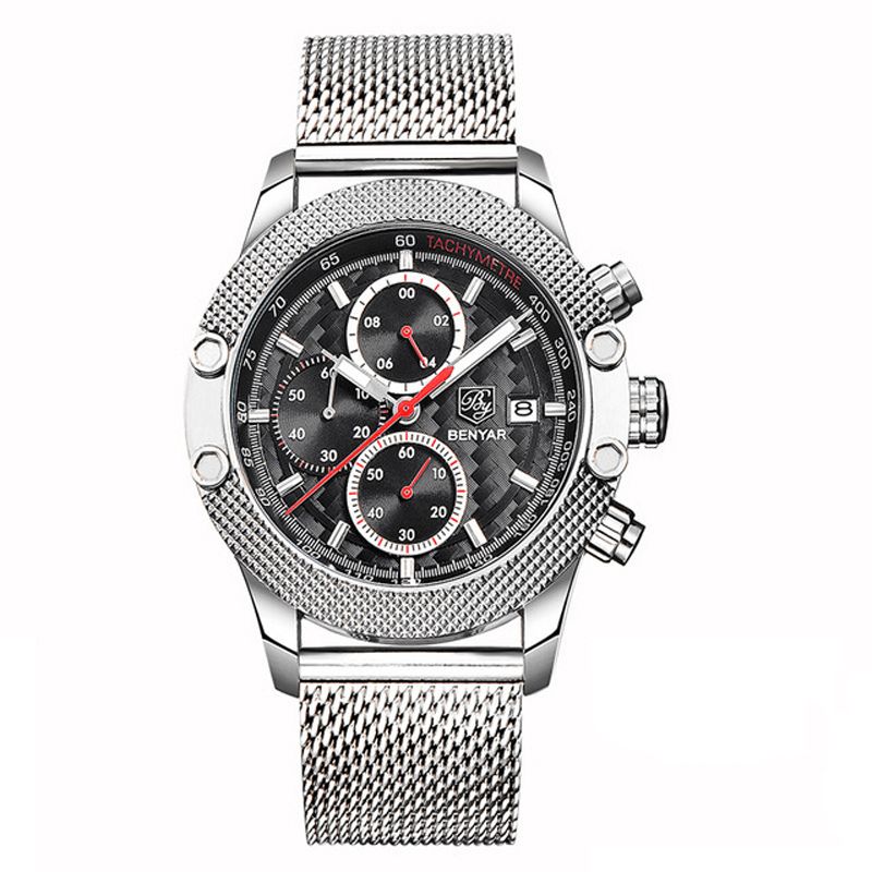 Benyar 5109M Mode Herrklocka Chronograph 3Atm Vattentät Rostfritt Stålarmband Kvartsur