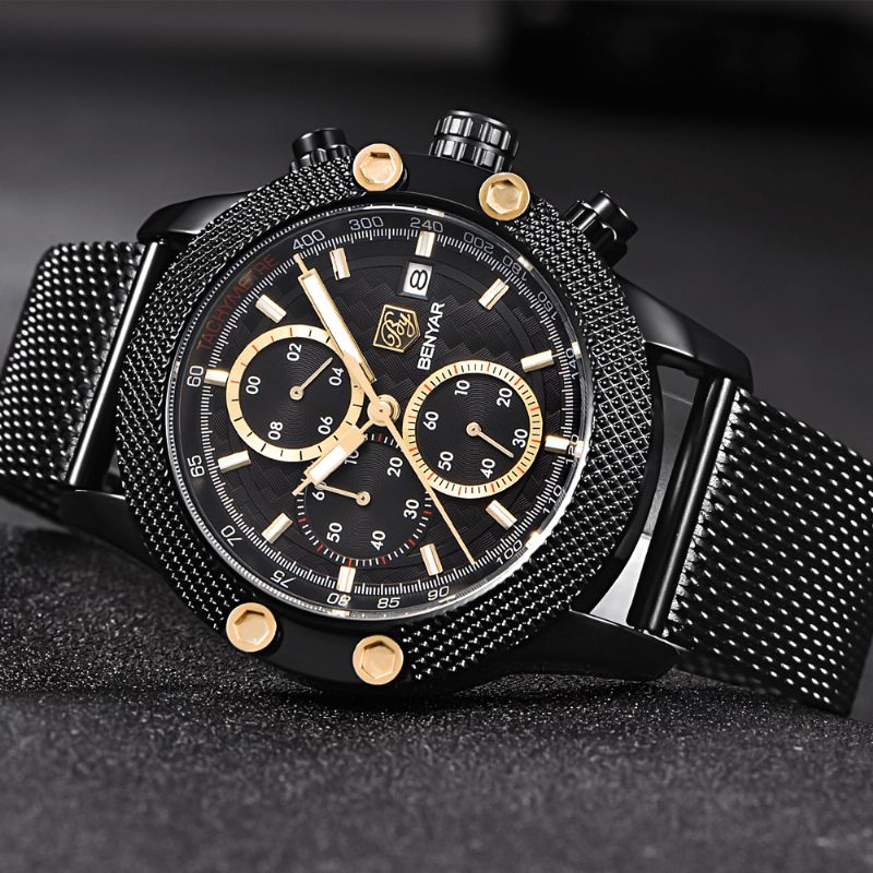 Benyar 5109M Mode Herrklocka Chronograph 3Atm Vattentät Rostfritt Stålarmband Kvartsur