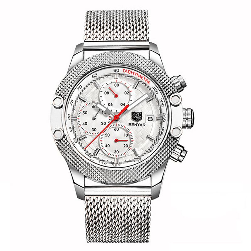 Benyar 5109M Mode Herrklocka Chronograph 3Atm Vattentät Rostfritt Stålarmband Kvartsur