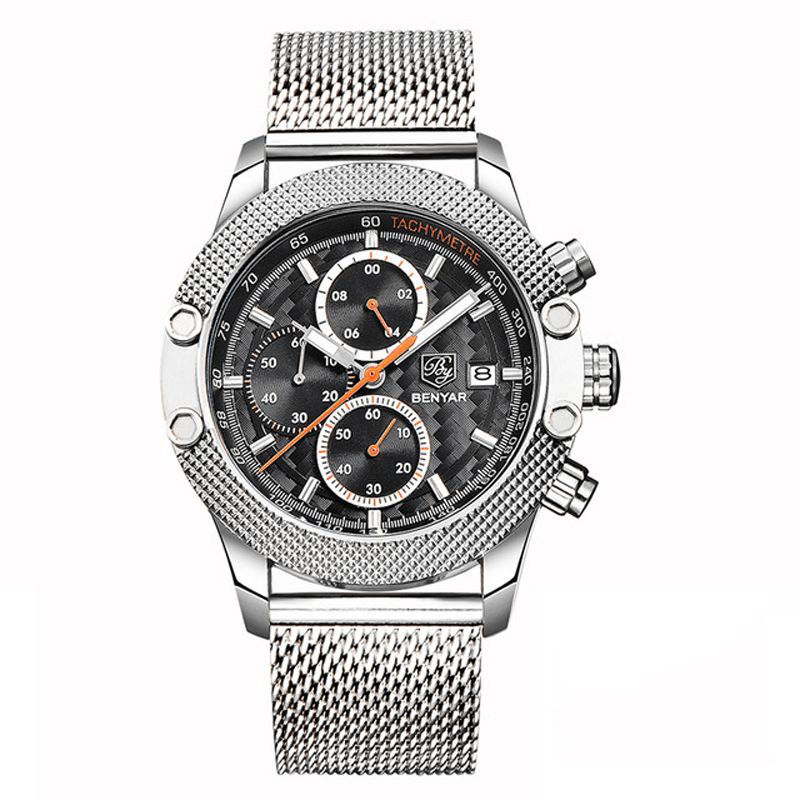 Benyar 5109M Mode Herrklocka Chronograph 3Atm Vattentät Rostfritt Stålarmband Kvartsur