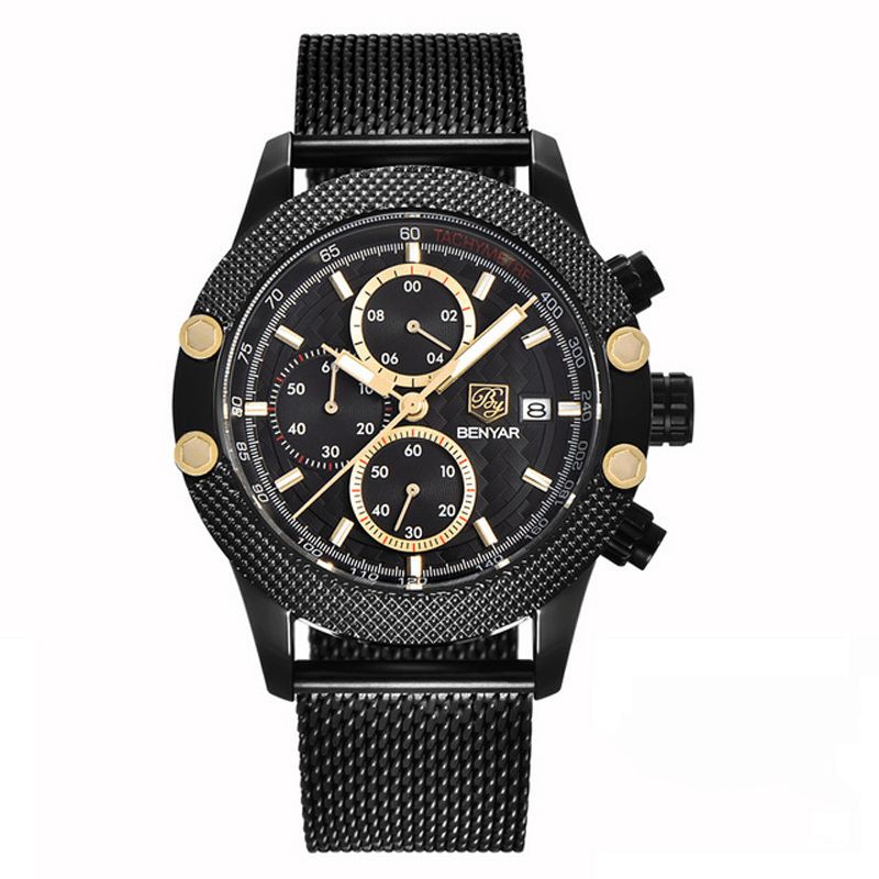 Benyar 5109M Mode Herrklocka Chronograph 3Atm Vattentät Rostfritt Stålarmband Kvartsur