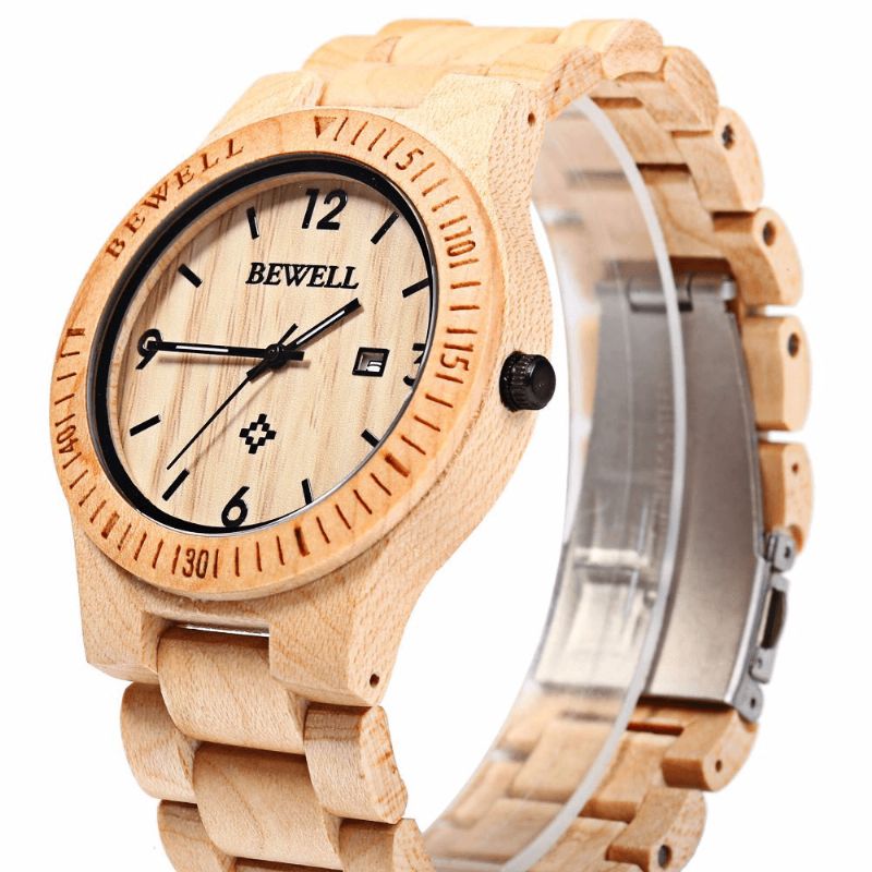 Bewell Zs-W086B Män Naturligt Trä Auto Calendar Display Mode Quartz Armbandsur