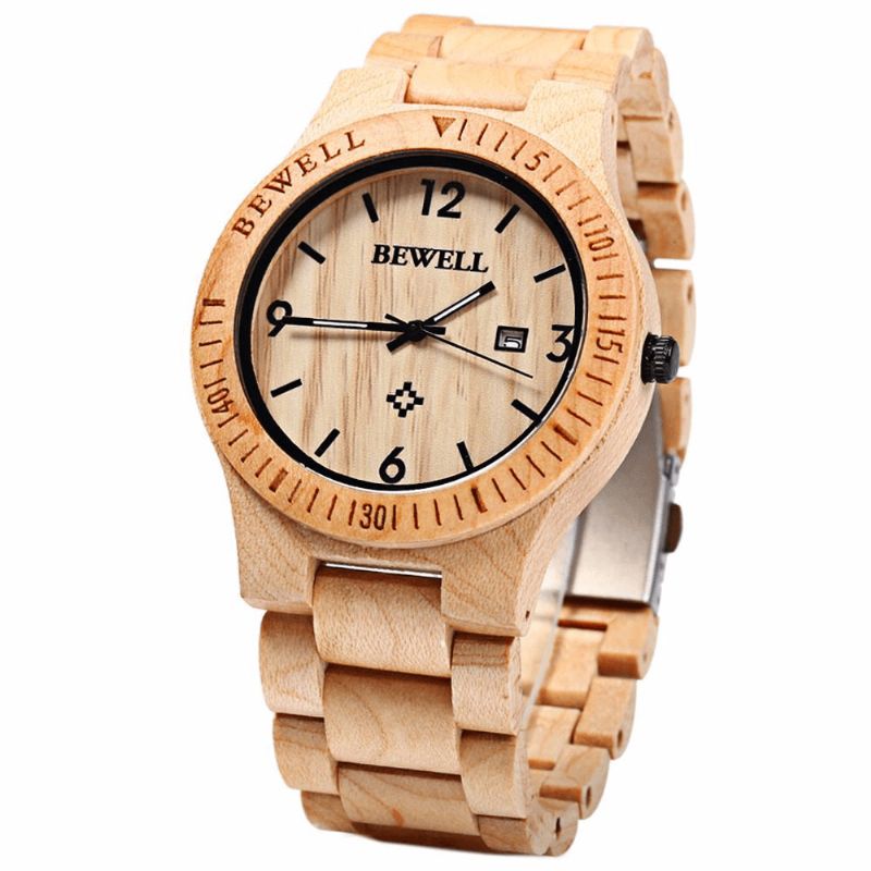 Bewell Zs-W086B Män Naturligt Trä Auto Calendar Display Mode Quartz Armbandsur