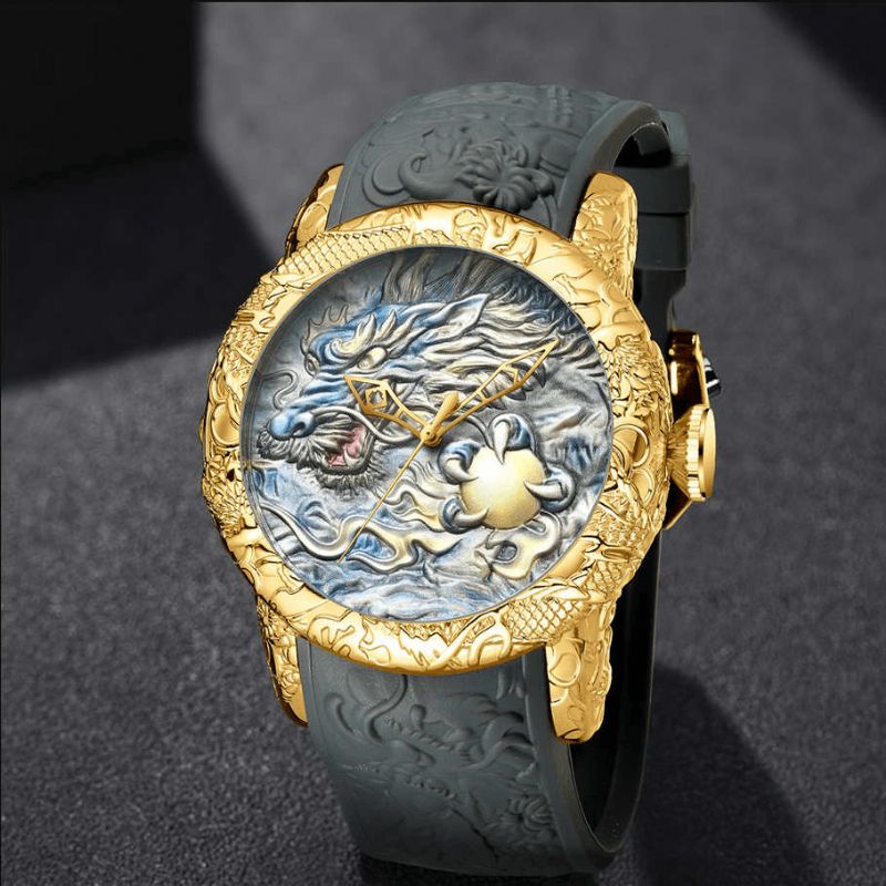 Biden Bd129 Retro Dragon Kinesisk Stil Män Armbandsur Vattentät Silikonband Kvartsklocka