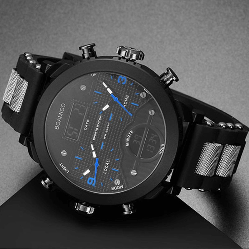 Boamigo F905 Mode Män Digital Klocka 3 Tidszon Datum Vecka Månad Display Kronograf Vattentät Dual Display Watch