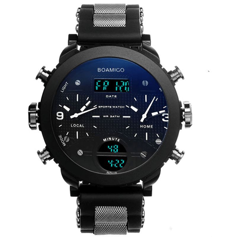 Boamigo F905 Mode Män Digital Klocka 3 Tidszon Datum Vecka Månad Display Kronograf Vattentät Dual Display Watch