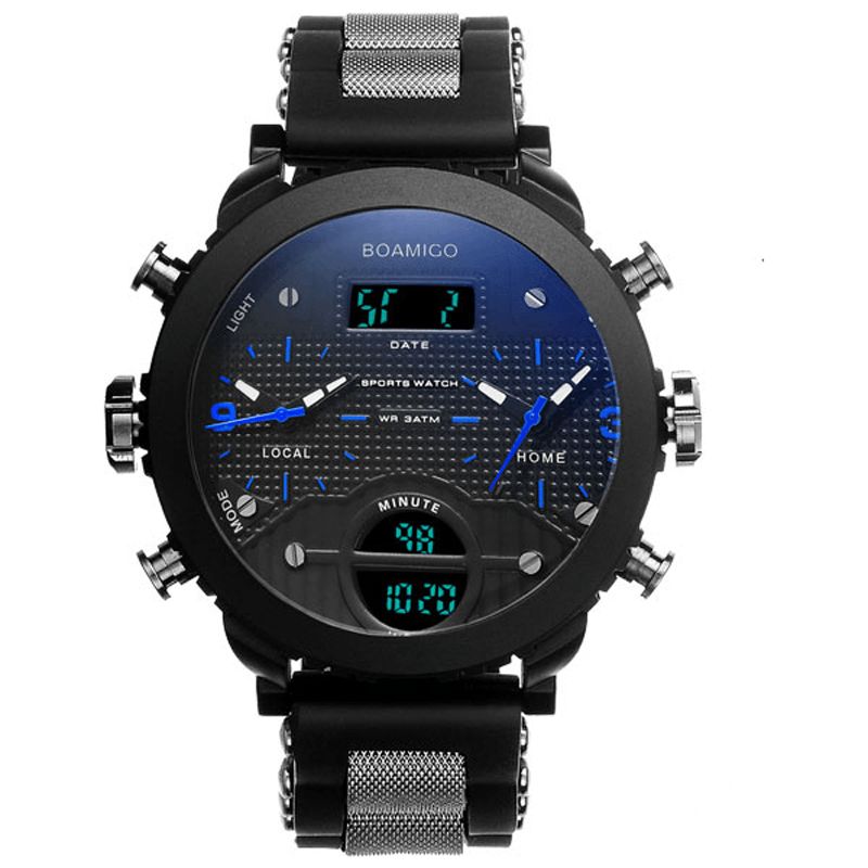 Boamigo F905 Mode Män Digital Klocka 3 Tidszon Datum Vecka Månad Display Kronograf Vattentät Dual Display Watch