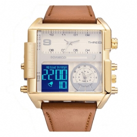 Boamigo F920 Mode Män Digital Watch Creative Dial Week Month Display Chronograph 3 Tidszon Läderrem Dual Display Watch