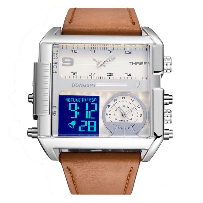 Boamigo F920 Mode Män Digital Watch Creative Dial Week Month Display Chronograph 3 Tidszon Läderrem Dual Display Watch