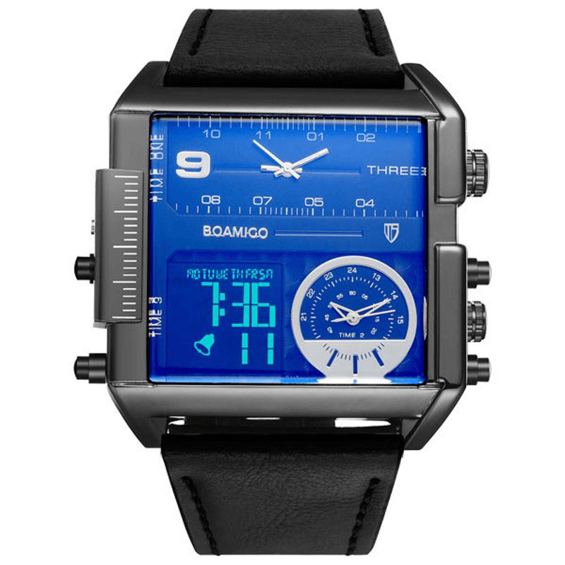 Boamigo F920 Mode Män Digital Watch Creative Dial Week Month Display Chronograph 3 Tidszon Läderrem Dual Display Watch