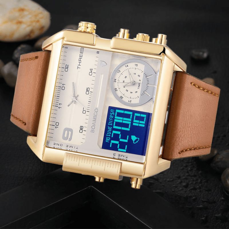 Boamigo F920 Mode Män Digital Watch Creative Dial Week Month Display Chronograph 3 Tidszon Läderrem Dual Display Watch