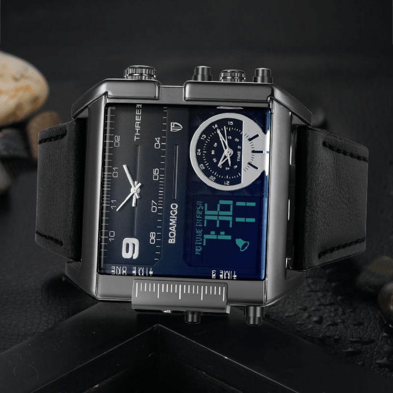 Boamigo F920 Mode Män Digital Watch Creative Dial Week Month Display Chronograph 3 Tidszon Läderrem Dual Display Watch