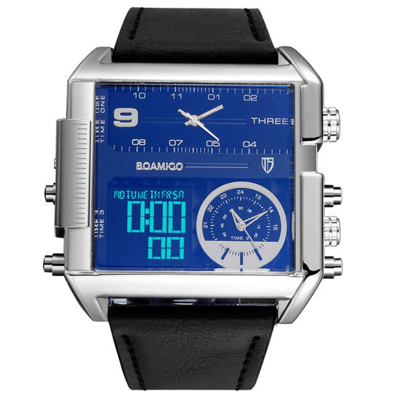 Boamigo F920 Mode Män Digital Watch Creative Dial Week Month Display Chronograph 3 Tidszon Läderrem Dual Display Watch