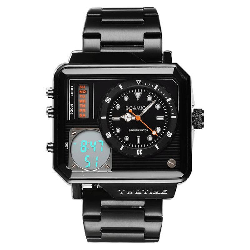 Boamigo F930 Creative Herr Digital Watch Stor Urtavla Dubbel Tidszon Led-Ljus Datum Vecka Display Rostfritt Stål Armband Dual Display Klocka