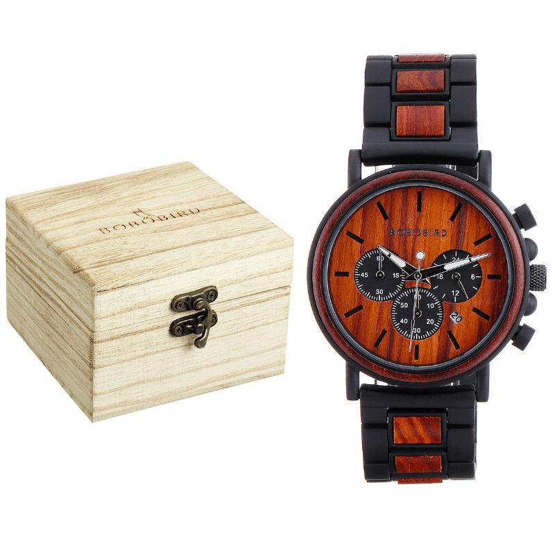 Bobo Bird P09 Män Casual Trä Datum Display Armbandsur Kvartsklocka Med Box