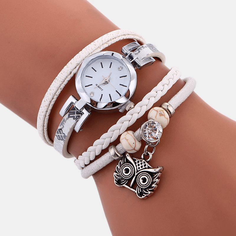 Bohemian Cute Owl Läderarmbandsklocka Etnisk Metall Rhinestone Multi-Layer Armbandsur