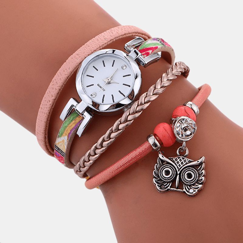 Bohemian Cute Owl Läderarmbandsklocka Etnisk Metall Rhinestone Multi-Layer Armbandsur