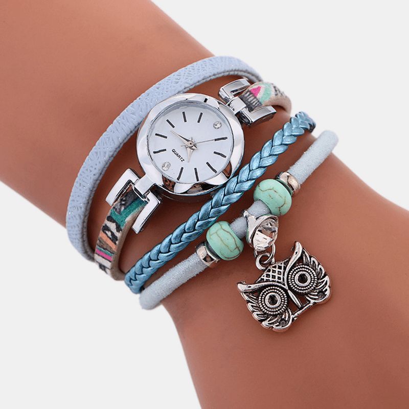 Bohemian Cute Owl Läderarmbandsklocka Etnisk Metall Rhinestone Multi-Layer Armbandsur