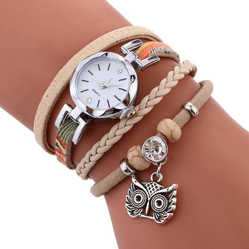 Bohemian Cute Owl Läderarmbandsklocka Etnisk Metall Rhinestone Multi-Layer Armbandsur