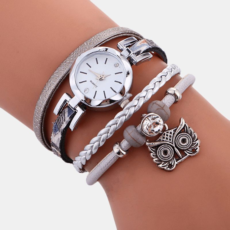 Bohemian Cute Owl Läderarmbandsklocka Etnisk Metall Rhinestone Multi-Layer Armbandsur